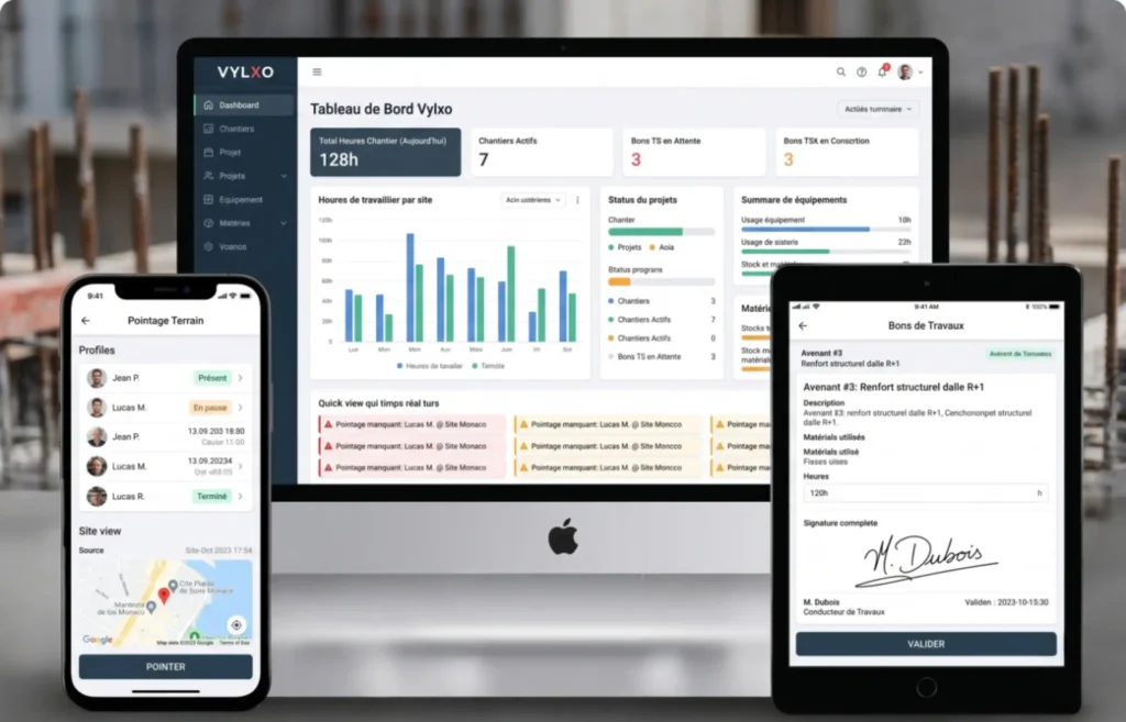 interface-multisupport-vylxo-btp-bâtiment Écosystème digital Vylxo affichant le pointage sur smartphone, la signature de travaux sur tablette et le tableau de bord sur ordinateur.